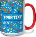 Personalized Mug for Kids - Sports - Custom Name/Text, Ceramic Hot Chocolate/Cocoa/Coffee Cup for Boys/Girls, Birthday/Christmas/Holiday Gift - 15 oz, Red Handle
