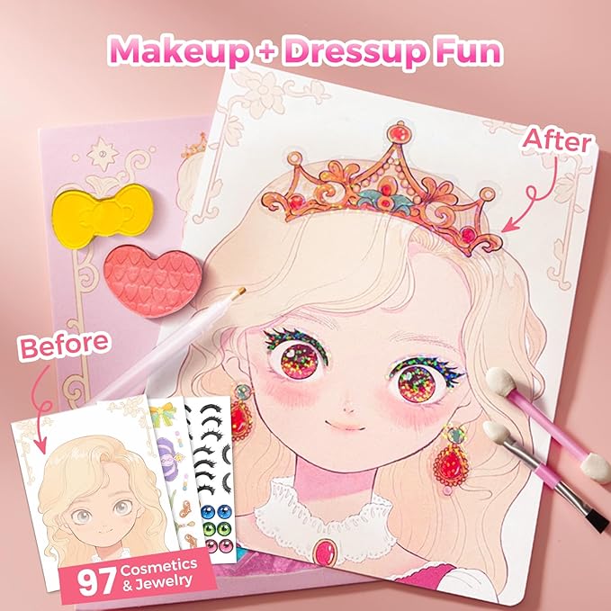 4 in 1 Princess Art Craft Kits, Foil Crafts Art Fun & Gem Painting, Makeup Diamond DIY Activity, Dress Up Sticker Books,Travel Toys, Ideal Toys for Girls Ages 6 7 8+ Years Old