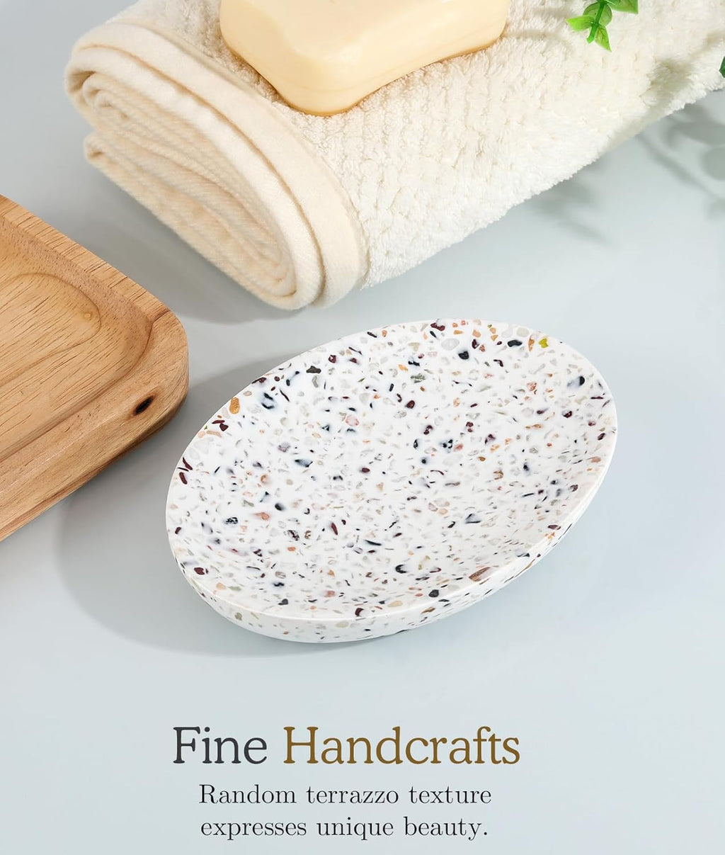 Luxspire Soap Dish, Resin Soap Tray Soap Holder Container Box, Oval Soap Plate Case, Non-Slip, Multi-Purpose Soap Holder, Bathroom & Kitchen Countertop, Terrazzo