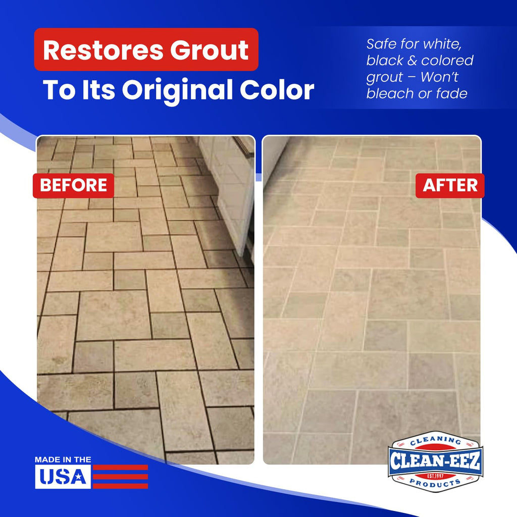 Clean-eez Grout-eez Tile Cleaner with Handheld Brush – 32 oz Heavy-Duty Stain Remover for Ceramic and Porcelain Surfaces – Safe for Colored Grout – Not for Natural Stone – Bathroom & Kitchen Use