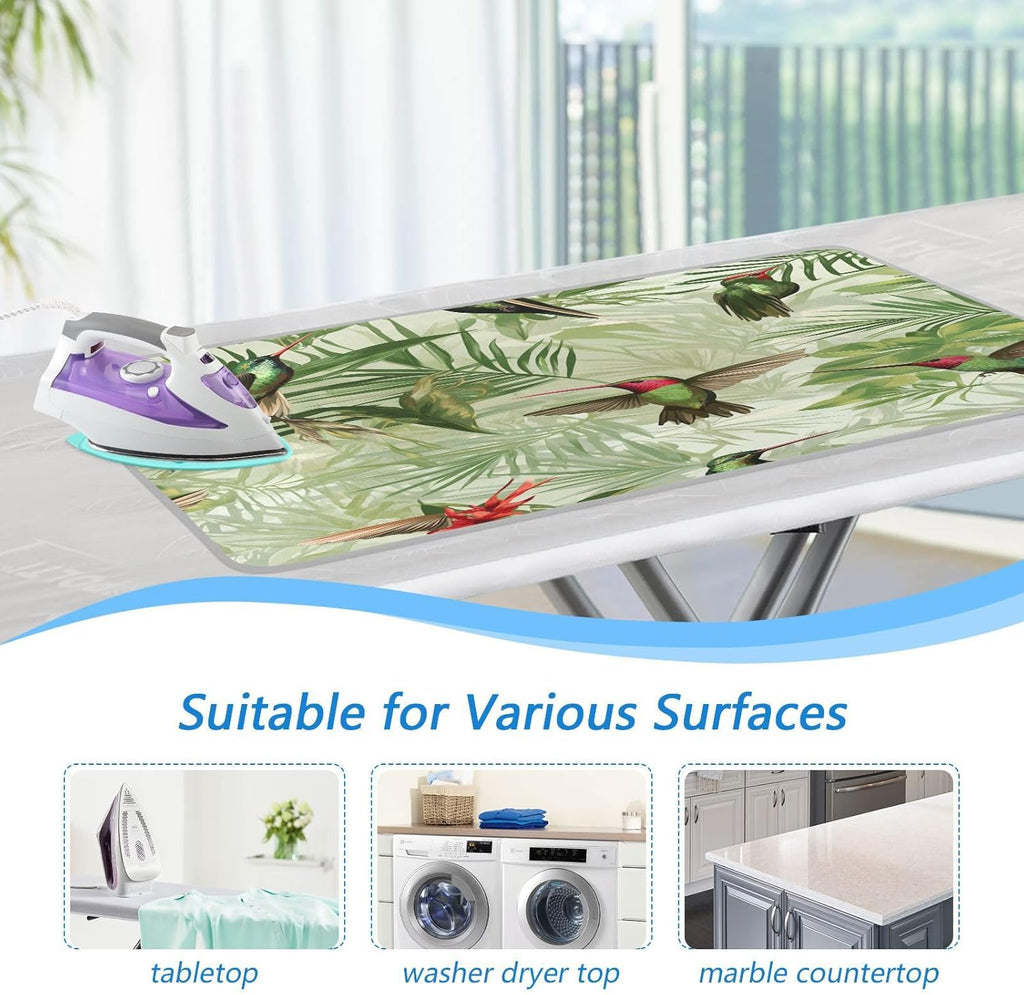 Green Anna Hummingbird and Palm Leaves Ironing Mat Thickened Ironing Blanket Travel Portable Double-Side Using Ironing Pad Travel Isolate Heat Pad Cover for Washer Dryer Table Top Countertop 27