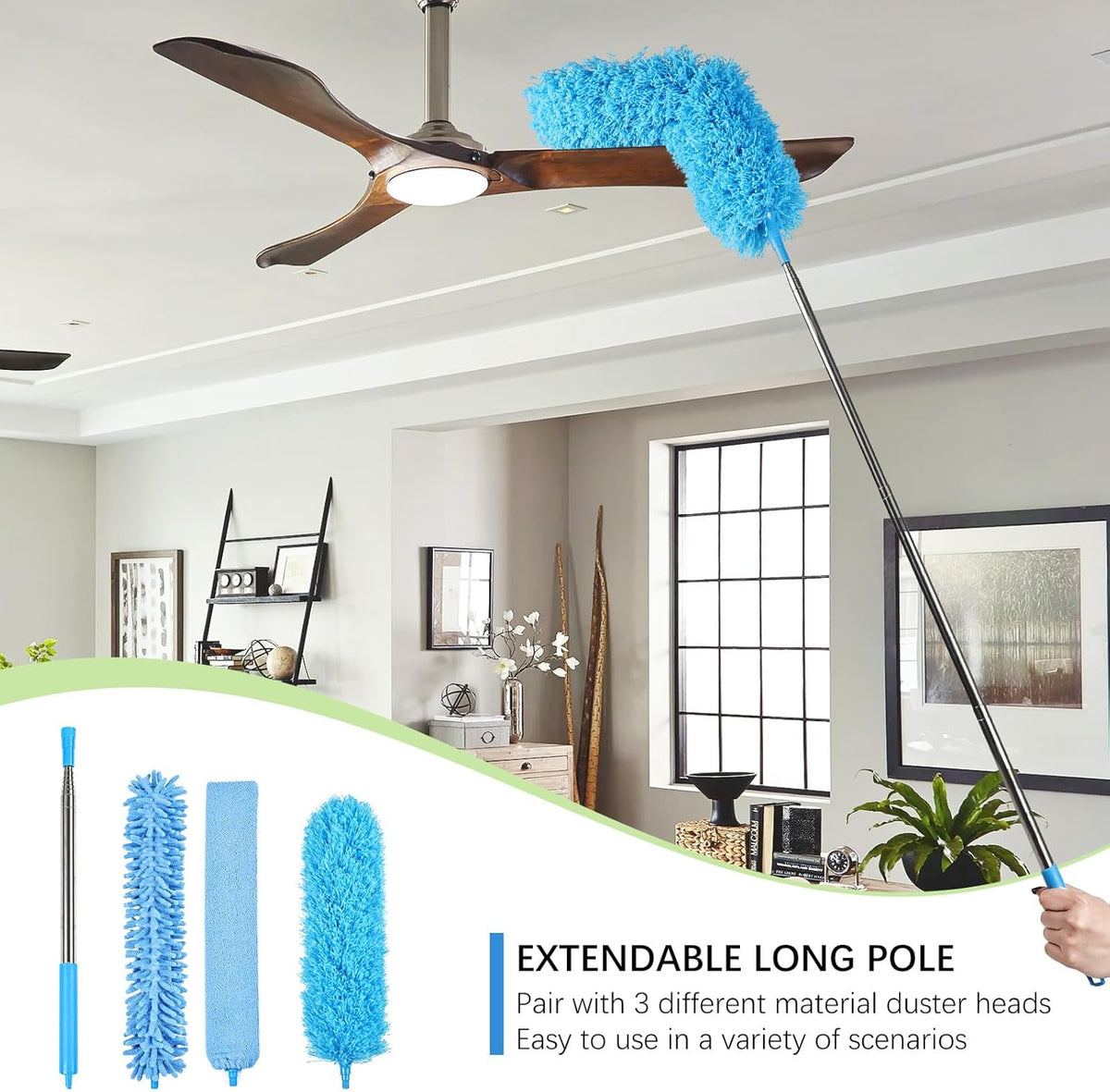 4PCS Microfiber Duster Kit, 3 in 1 Microfiber Dusters Retractable Gap Dust Cleaner and Chenille Duster with 83 inches Extra Long Extension Pole for Cleaning Ceiling Fan, High Ceiling
