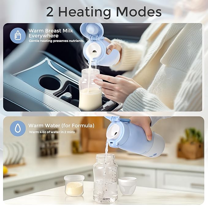 Portable Bottle Warmer for Travel, Dual Heating Modes for Breastmilk & Water, Portable Bottle Milk Warmer with Fast Heating & Long Battery Life, 12 Ounces Large Capacity (Blue)