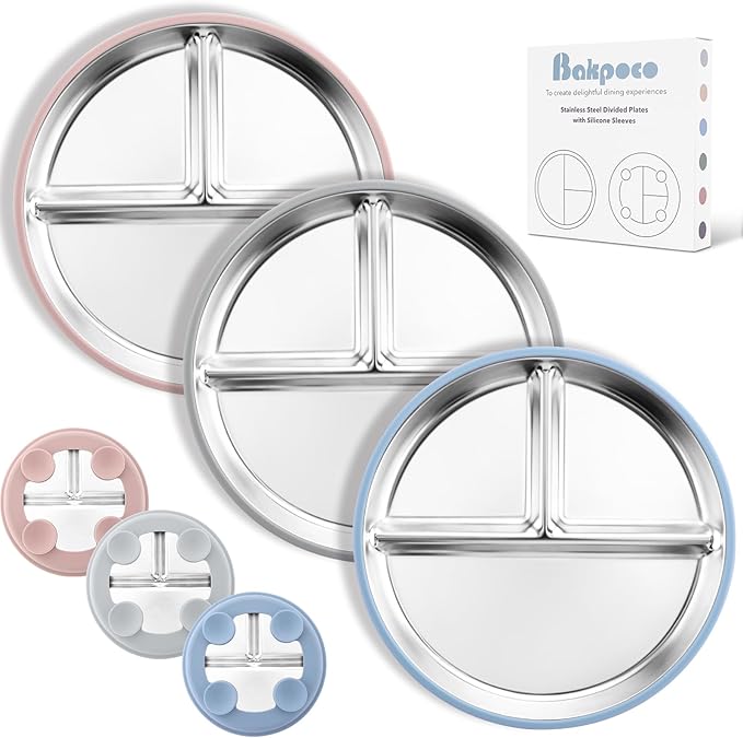 Stainless Steel Suction Plates for Toddlers, 9" Divided Kids Baby Plates with Removable Silicone Suction, Non Toxic Non Slip Portion Control Snack Dishes 3 Packs, Blue Gray Blush