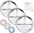 Stainless Steel Suction Plates for Toddlers, 9" Divided Kids Baby Plates with Removable Silicone Suction, Non Toxic Non Slip Portion Control Snack Dishes 3 Packs, Blue Gray Blush