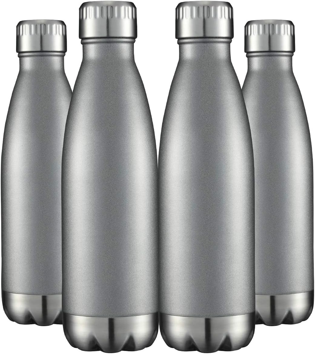 HASLE OUTFITTERS 17oz Stainless Steel Water Bottles Bulk, Vacuum Insulated Water Bottles Double Walled Reusable Metal Sports Water Bottles Keep Drinks Hot and Cold, Gray, 4Packs