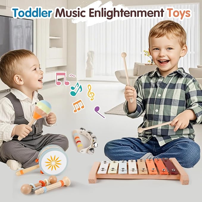 Toddler Musical Instruments-Montessori Wooden Educational Toys for Toddlers 1-3 Baby Musical Instruments Neutral Color Musical Instruments Set with Xylophone Maracas Bell Birthday Gift for Ages 1 2 3