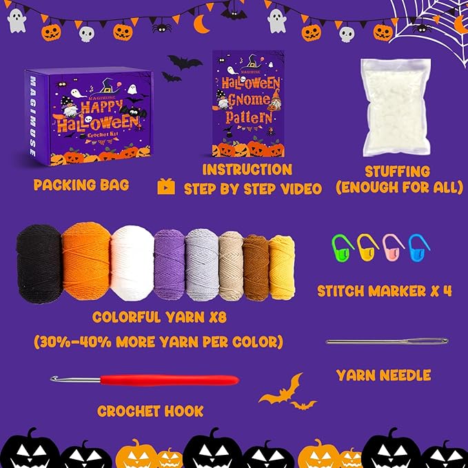 MAGIMUSE Crochet Kit for Beginners, Crochet Starter Kits Halloween Amigurumi Knitting Crochet Animals Kits Hooks Yarn Set with Step-by-Step Video Tutorials, 3 Colorful Bats (40%+ Yarn)…