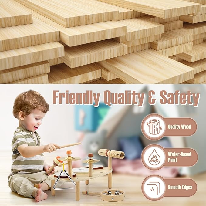 Kids Drum Set - Montessori Toys for 2 Year Old Boy Girl Birthday Gifts, 11 in 1 Wooden Musical Instruments for Toddlers 2-3, Musical Activity Table Preschool Learning Toys for Baby 18+ Months