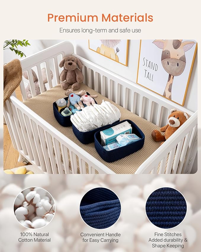 KALLAX Small Woven Basket, 12 x 8 x 4.5 Inches, Storage Basket for Organizing, Cute Small Rope Shelf Closet Cube Storage Bins Baskets for Shelves, Dog Toy Gift Baskets Empty, 3 Packs, Navy Blue