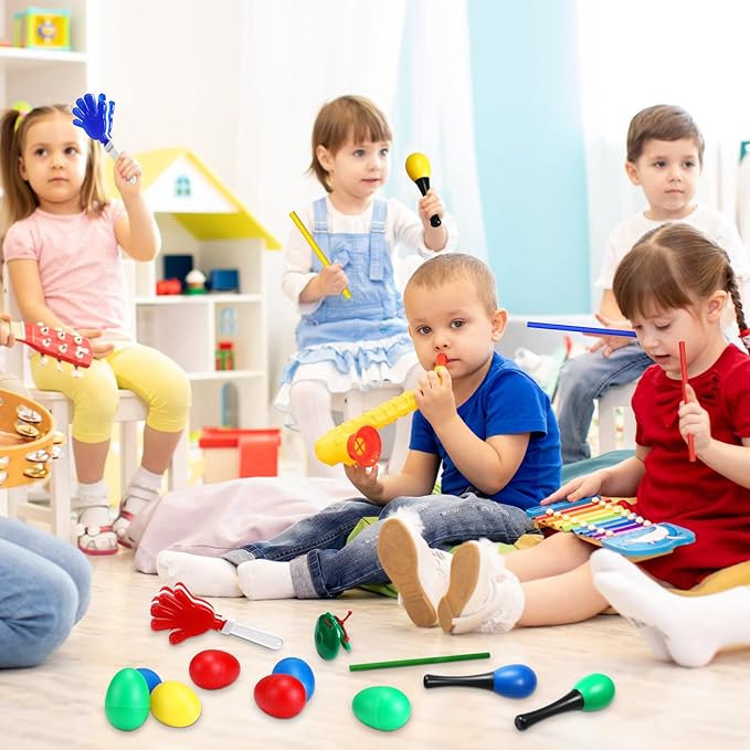 120 Pcs Musical Instruments Learning Percussion Toy Include 24 Plastic Egg Shakers 24 Hand Held Sand Hammers Maracas Rattle 24 Hand Clappers 24 Rhythm Sticks Wood Lummi Sticks 24 Finger Castanets