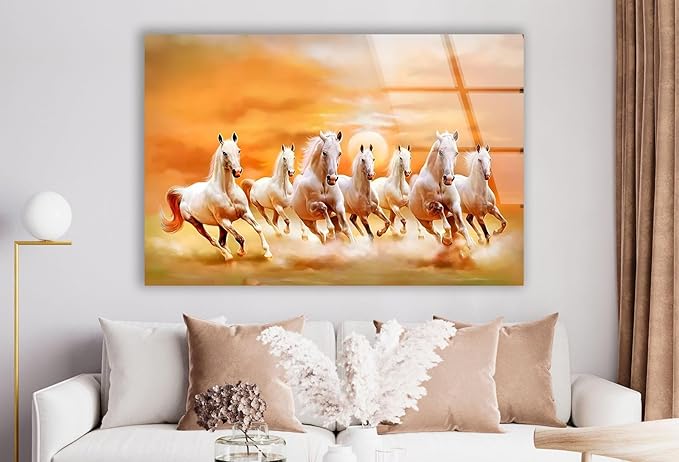 My Photostation.com 48Wx32H'' White Horses Running on Sunset Glass Wall ArtTempered Glass Printing Wall Decor Large Wall Art Wall Hangings