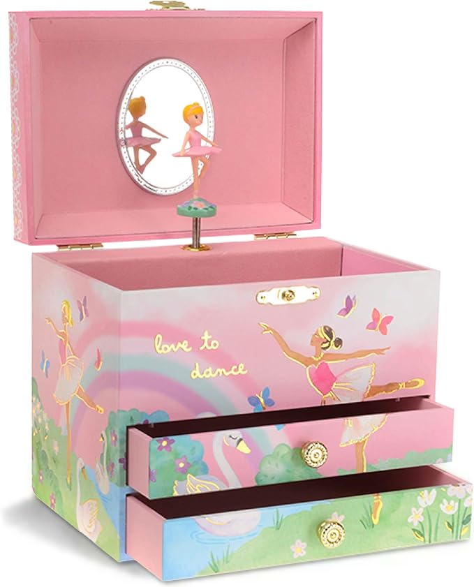 Jewelkeeper Jewelry Box for Girls - Spinning Ballerina Doll to Swan Lake Tune Music Box - Pink Jewelry Boxes for Girls with 2 Drawers - Ideal for Storing Necklaces and Bracelets - 7Lx5Hx6W Inches