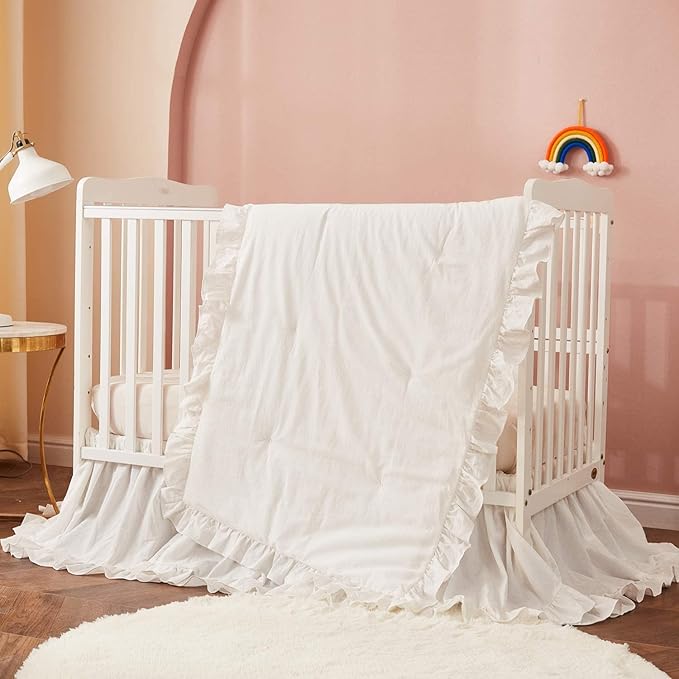 Brandream Farmhouse Crib Bedding Sets for Girls and Boys | 3 Piece Nursery Set White| Baby Comforter, Fitted Crib Sheet, Crib Skirt Included，100% Washed Cotton