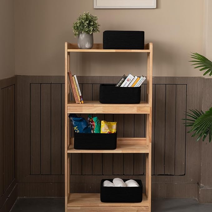 4 Pack Small Storage Shelf Baskets for Organizing, Mini Woven Rope Storage Bins for Towels, Cute Decorative Closet Organizer，Baby Nursery, Gift Empty Baskets -13''Lx8.66''Wx5.11''H-Black