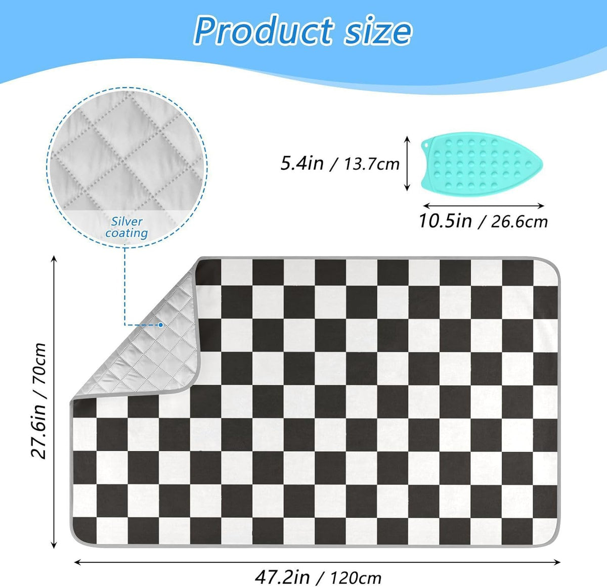 Checkered Black Ironing Mat Thickened Ironing Blanket Travel Portable Double-Side Using Ironing Pad Travel Isolate Heat Pad Cover for Washer Dryer Table Top Countertop 27.6x47.2in