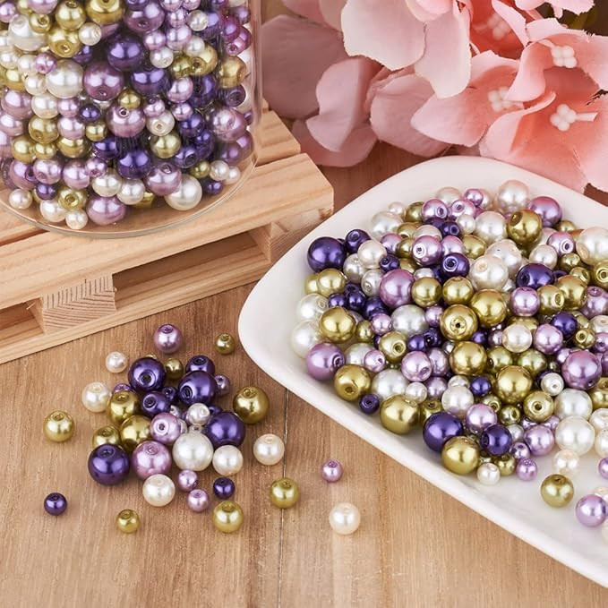About 1840Pcs 4/6/8mm Glass Pearl Beads Pearlized Beads Multi Colors Round Spacer Beads for DIY Craft Jewelry Making Hole: 1mm, Mixed Purple&Light Yellow