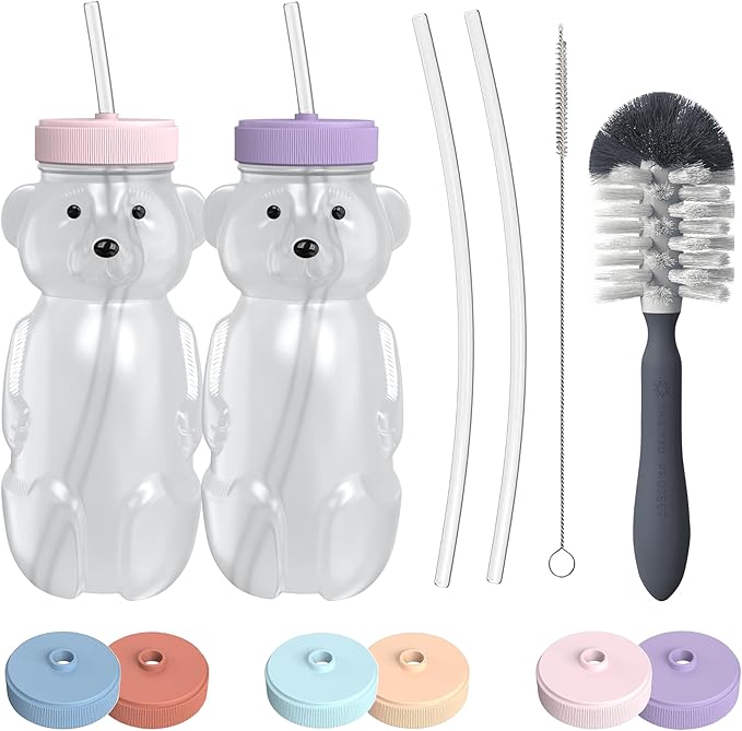 Honey Bear Straw Cup for Babies, 8oz Honey BearCup with Bottle Brush, 2-Pack Improved Lid Therapy Learning Honeybear Straw Cup for Baby, Cherry Blossom & Unicorn