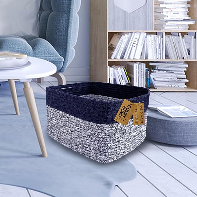 COMFY-HOMI 3PACK Rectangular Cotton Rope Basket With Handles for Shelves|Dog Toy|Baby Gift - Dark Blue (13.5" x 11" x 9.5")