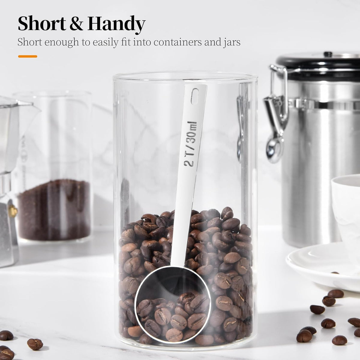Long Handle Coffee Scoop: 5.98 Inch 18/8 Stainless Steel 2 Tablespoon Metal Measuring Spoon Tbsp Scoop for Coffee Beans, Grounds Coffee, Coffee Powder, Tea, Tall Jars (2Tbsp/30ml)