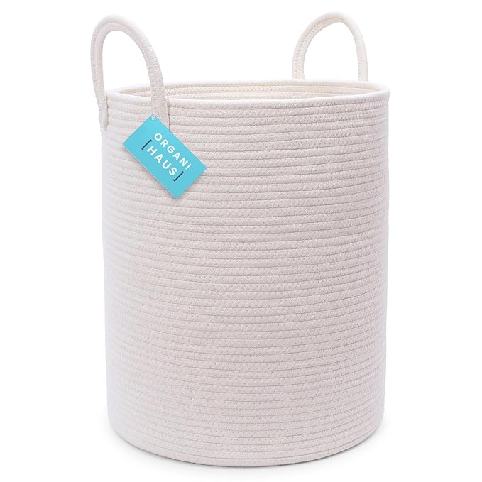 OrganiHaus White Laundry Basket 15x18, Cotton Rope Basket for Blankets, Tall Woven Baskets for Storage, Large Basket for Toys, Soft Blanket Holder Bin, Boho Blanket Basket for Living Room