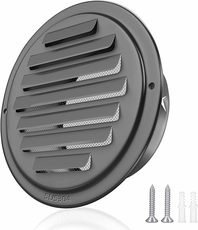 4inch 304 Stainless Steel Air Vents, Louvered Grille Cover Vent Hood Flat Ducting Ventilation Air Vent Wall Air Outlet with Fly Screen Mesh for House (4 inch Black Paint Cover （100mm）)