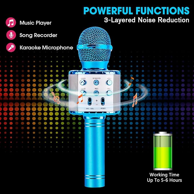 BlueFire 4 in 1 Karaoke Wireless Microphone with LED Lights, Portable Microphone for Kids, Great Toys for Kids, Girls, Boys and Adults (Blue)