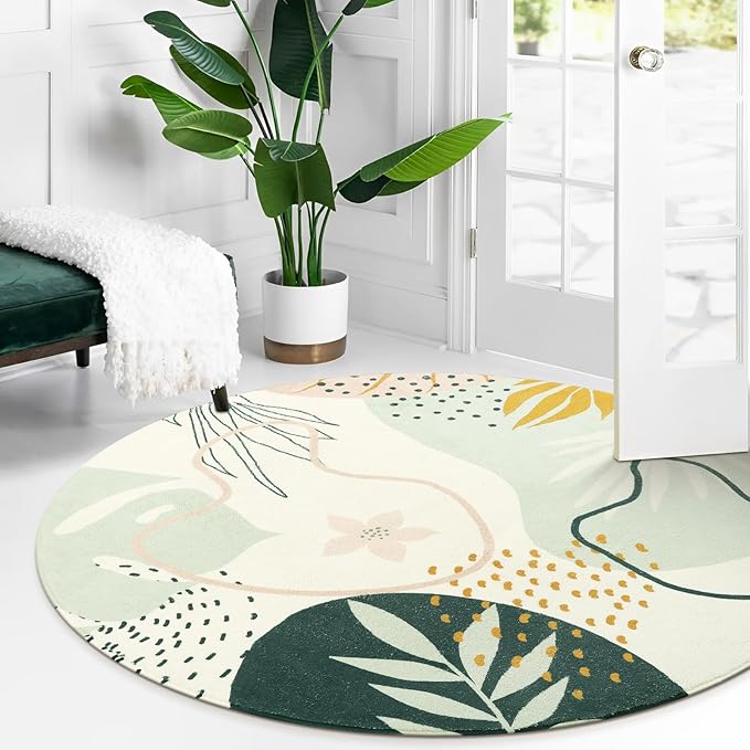 Lahome Green 8 Ft Round Rug - Washable Round Area Rug for Living Room Throw Soft Boho Round Rug Large Non-Slip Dining Room Rug, Botanical Print Round Carpet for Bedroom Office (Green,8'x8')