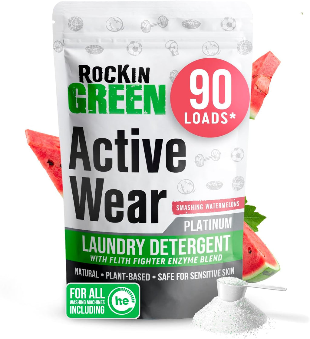 Rockin' Green Laundry Detergent, Plant based, All Natural Laundry Detergent Powder, Vegan and Biodegradable Odor Fighter, Safe for Sensitive Skin (Active Wear 90 Loads - Smashing Watermelons)