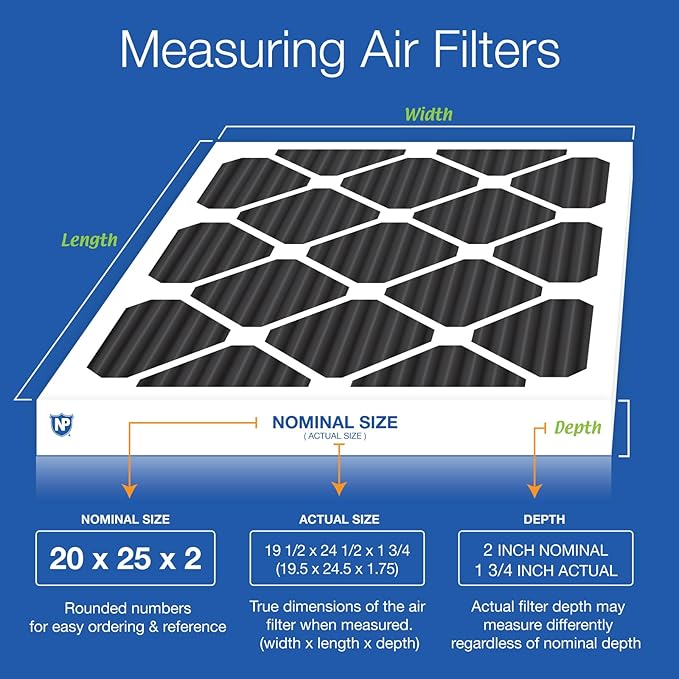 Nordic Pure 20x25x2 (Actual Size: 19 1/2 x 24 1/2 x 1 3/4) Pure Carbon Pleated Odor Reduction Merv 8 Furnace Filters 3 Pack