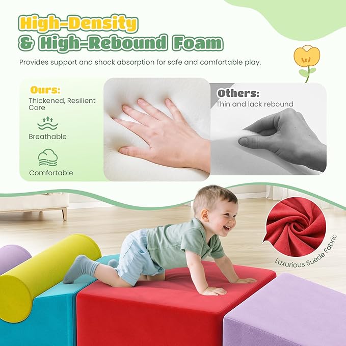 Lischwert Foam Climbing Blocks for Toddlers 1-3, 6pcs Soft Play Set with Crawling Exploration Toys, Indoor Outdoor Infant Safe Blocks for Baby Gym Toddler Playground