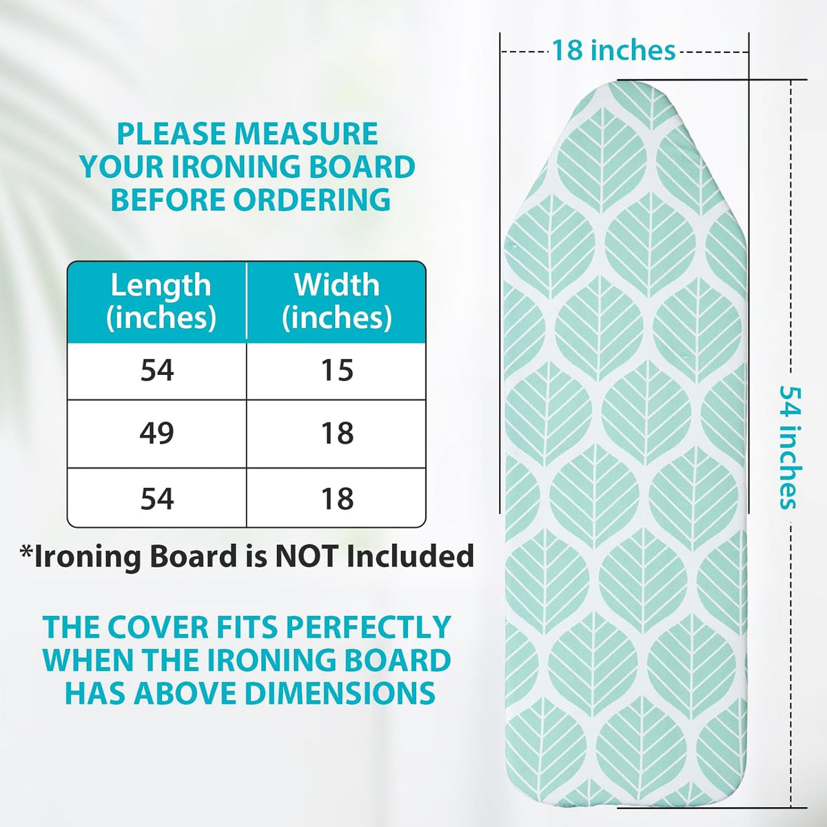 Extra Wide Ironing Board Cover with Padding 18 x 54 inch Heat Reflective with Hook and Loop Fasteners, Thick Padding with Elasticized Edges, 3 Layers Iron Board Cover (Green Leaf)