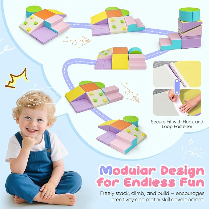 Lischwert Foam Climbing Blocks for Toddlers 1-3, 7pcs Soft Play Set with Crawling Exploration Toys, Indoor Outdoor Infant Safe Blocks for Baby Gym Toddler Playground