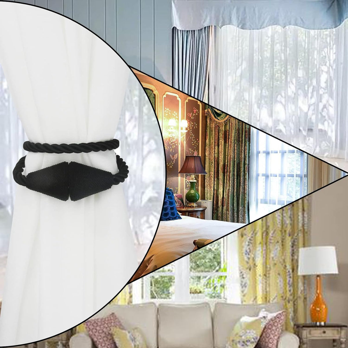 4 Pack Magnetic Curtain Tiebacks Rope Modern Handmade Curtain Tie Backs Decorative Drapes Weave Holdbacks for Window Décor, Black
