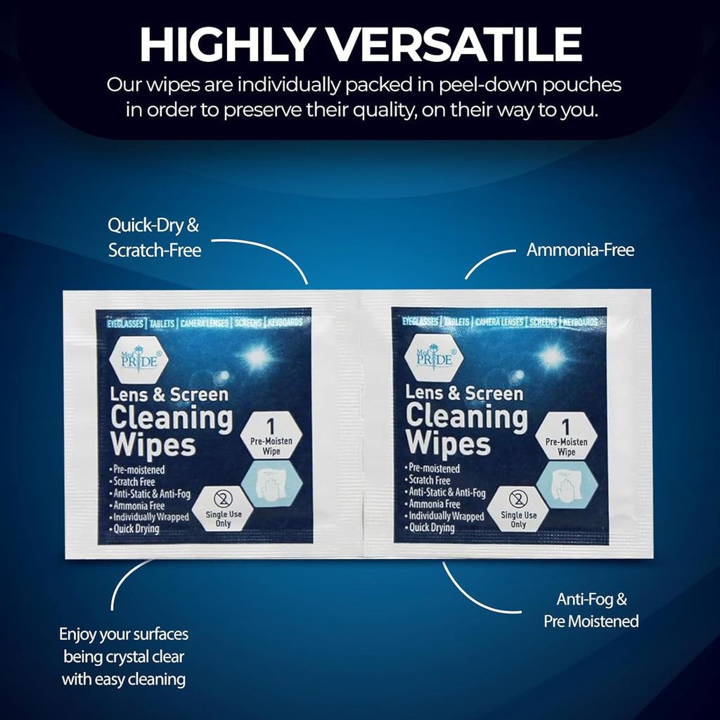MED PRIDE Anti-Fog Lens and Screen Cleaning Wipes for Eyeglasses, Touch Screens, Premoistened, Anti-Static, Quick-Dry (200 200 Count (Pack of 1))