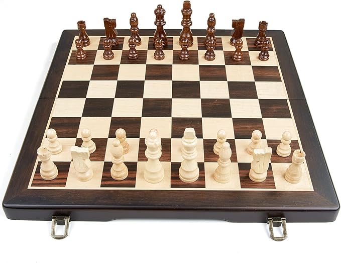 Magnetic Wooden Chess Set for Adults Kids,15" Folding Chess Board with Wood Texture 2 Extra Queens - Handmade Pieces Travel Board Games for Professional Beginner