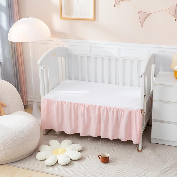 PINNKKU 3-Piece Crib Bedding Set for Boy Girls, Includes Skirt, Blanket and Sheet, Baby Bedding, Pintuck Pinch Pleat Pink