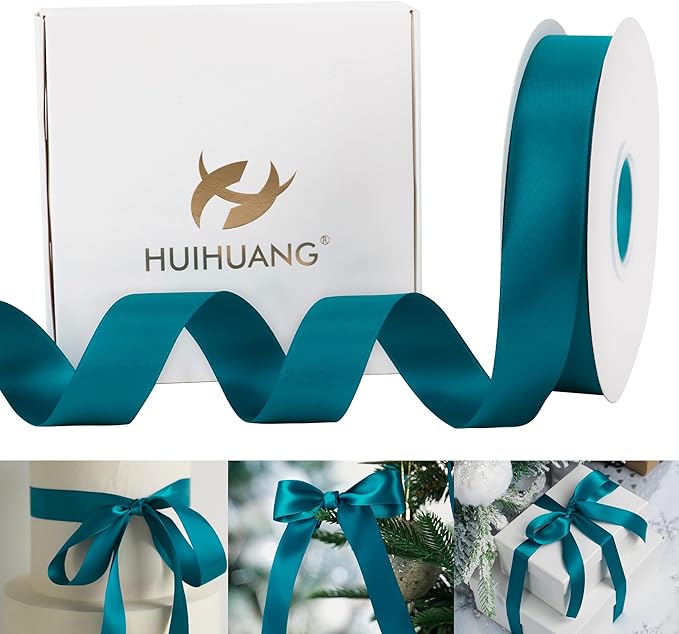 HUIHUANG Peacock Blue Satin Ribbon 1 inch x 50 Yards, Double-Faced Satin Fabric Ribbon for Christmas Gift Wrapping, Flower Bouquet, Invitations, Holiday Decor, Hairs, Bows Making