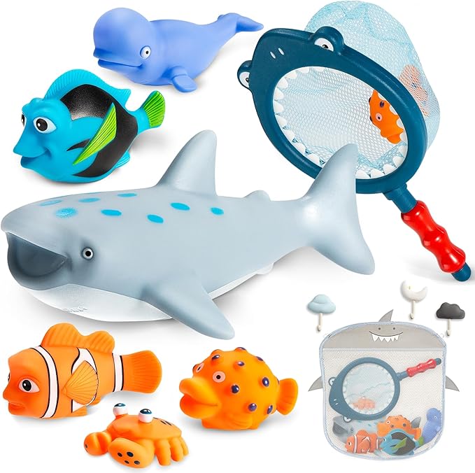 No Hole Mold Free Bath Toys for Toddlers 1-3, Water Toys for 6-12 Months Infants with Storage Bag, Baby Shark Toys for Pool, Bathtub, Beach, Shower, Tub, Kids Boys Girls Gifts