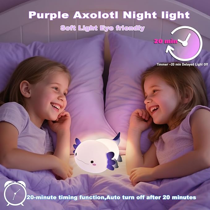 HAPPYBAG Axolotl Night Light,Cute Axolotl lamp Gifts for Kids,Dimmable Silicone Animal Nursery Night Light,Kawaii Rechargeable Bedside Touch Lamp,Baby Room Decor Axolotl Light