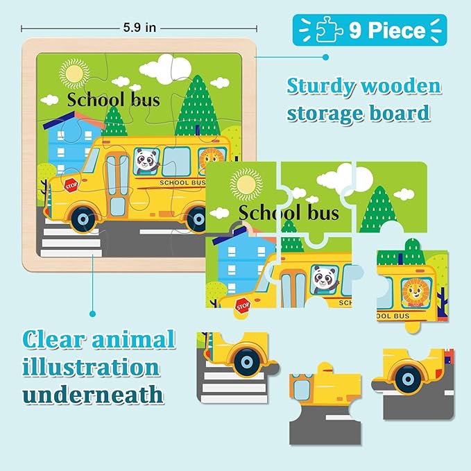 Wooden Puzzles for Toddlers 2-4, 9 Pieces Vehicle Jigsaw Puzzles for Kids Ages 3-5, Toddler Toys for 2-4 Preschool Learning Activities, Learning & Educational Toys, Gifts for Boys, Girls