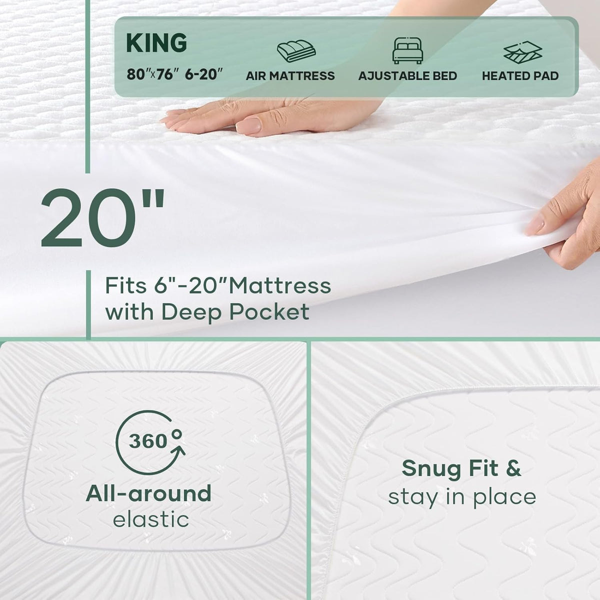 OhGeni 100% Waterproof Mattress Protector, King Size Mattress Pad, Fits 6"-20" Mattresses with Deep Pocket, Cooling, Breathable Fitted Sheets, Soft Bed Cover, Noiseless, Machine Washable