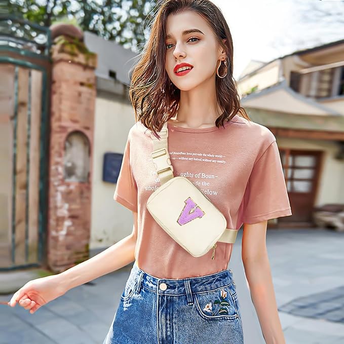 Gitus Gifts for 8 9 10 11 12 Year Old Girls Belt Bag Fanny Pack Crossbody Bags with Initial Letter Patch Cute Stuff Birthday Gifts for Teen Girls Women Personalized Trend Stuff (Ivory-V)