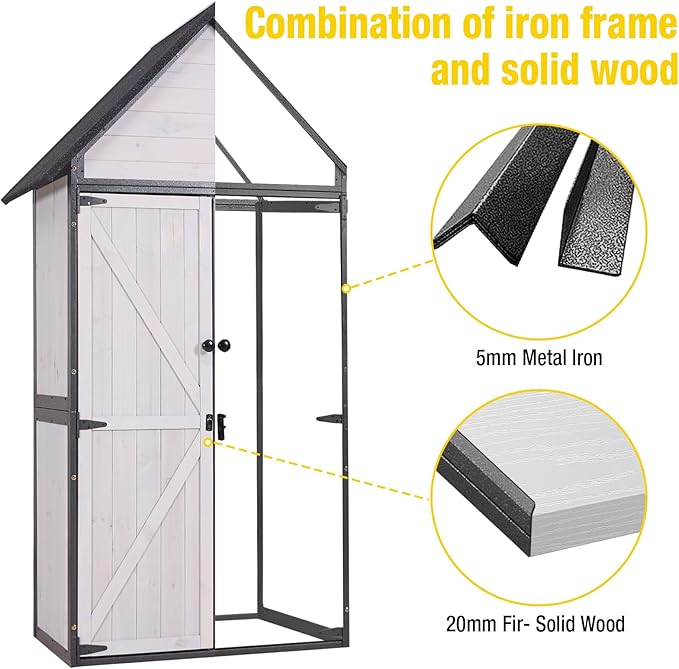 Outdoor Storage Shed,Vertical Wooden Tool Shed with Waterproof Roof,Adjustable 3 Tiers Shelves,Storage Tool Cabinet Box with Metal Frame Sloped Roof for Backyard Garden Patio Lawn (Off White)