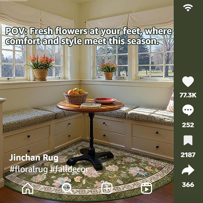 jinchan Floral Corner Rug for Living Room Washable Bedroom Rug Vintage Romance Design Non Slip Quarter Circle Lightweight Low-Pile Throw Carpet for Reading Nook Playroom,6ft Radius, Green