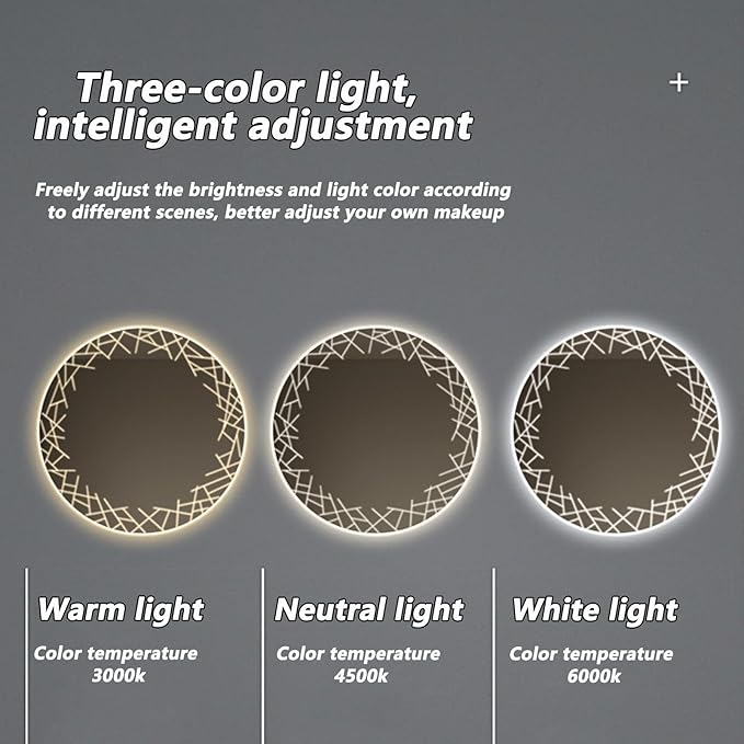 Bathroom Mirror with LED Lights, Wall Mirror with Touch Sensor, Round Mirror with Demister Pad, 3 Light Modes, for Living Room and Bathroom(A,70cm/27.6in)