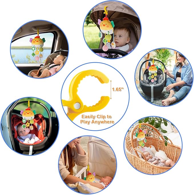 Car Seat Toy for Babies 0-6 Months, Stroller Toy with a Convenient clip, Carseat Toys Hanging Baby Accessories,Built-In Bell, Rattle,Squeaky,Mirror for infant,Babies Gift 0-3-6-12 months Boy Girl
