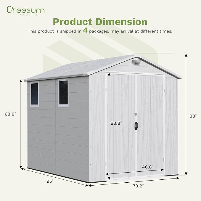 Greesum 6x8FT Plastic Outdoor Storage Shed with Floor, Resin Sheds with Lockable Double Door, Windows & Vents, All-Weather Tool Sheds for Garden, Backyard, Patio, Light Gray