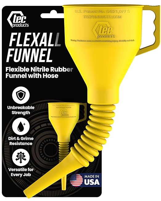 TEC Products FlexAll Long Flexible Funnels - Automotive Oil Funnel with Hose, Durable Nitrile Rubber for Oil Change, Transmission Funnel Fluid, Diesel, Fuel, Gas - Made in USA - Yellow (12 x 4 Inches)