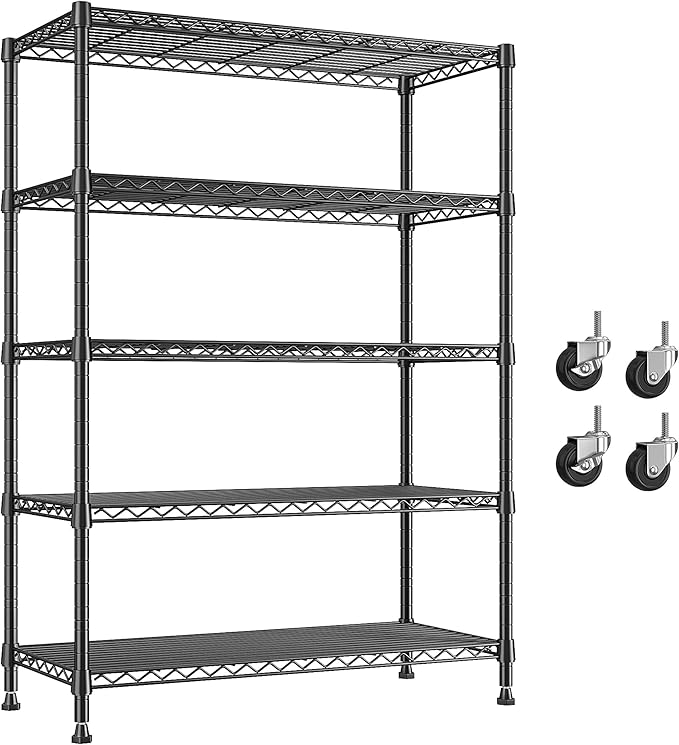 REIBII 76.1" H Storage Shelves Wire Shelving Unit Loads 1653 LBS, Metal Shelving with Wheels & Feet, 5 Tier Adjustable Metal Dorm Storage Shelves for Pantry Kitchen, Garage, Back to School Supplies
